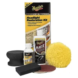 Kit polish faruri MEGUIARS Heavy Duty Headlight Restoration Kit G2980, solutie 118 ml, tampon aplicare, burete polish, 2 x disc abraziv